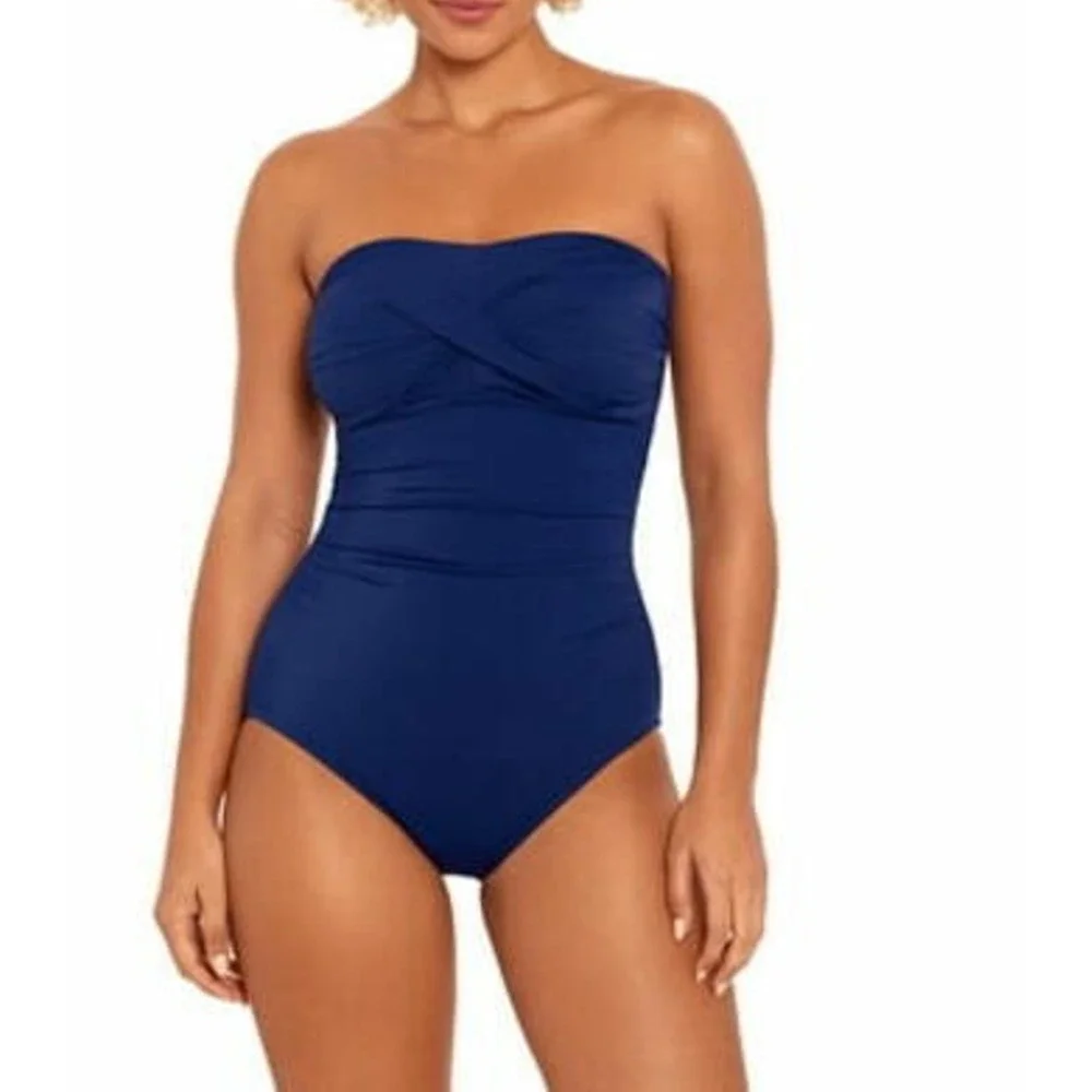 Time and Tru Womens Bandeau‎ Twist Front One Piece Swimsuit Navy Size S (4-6)
